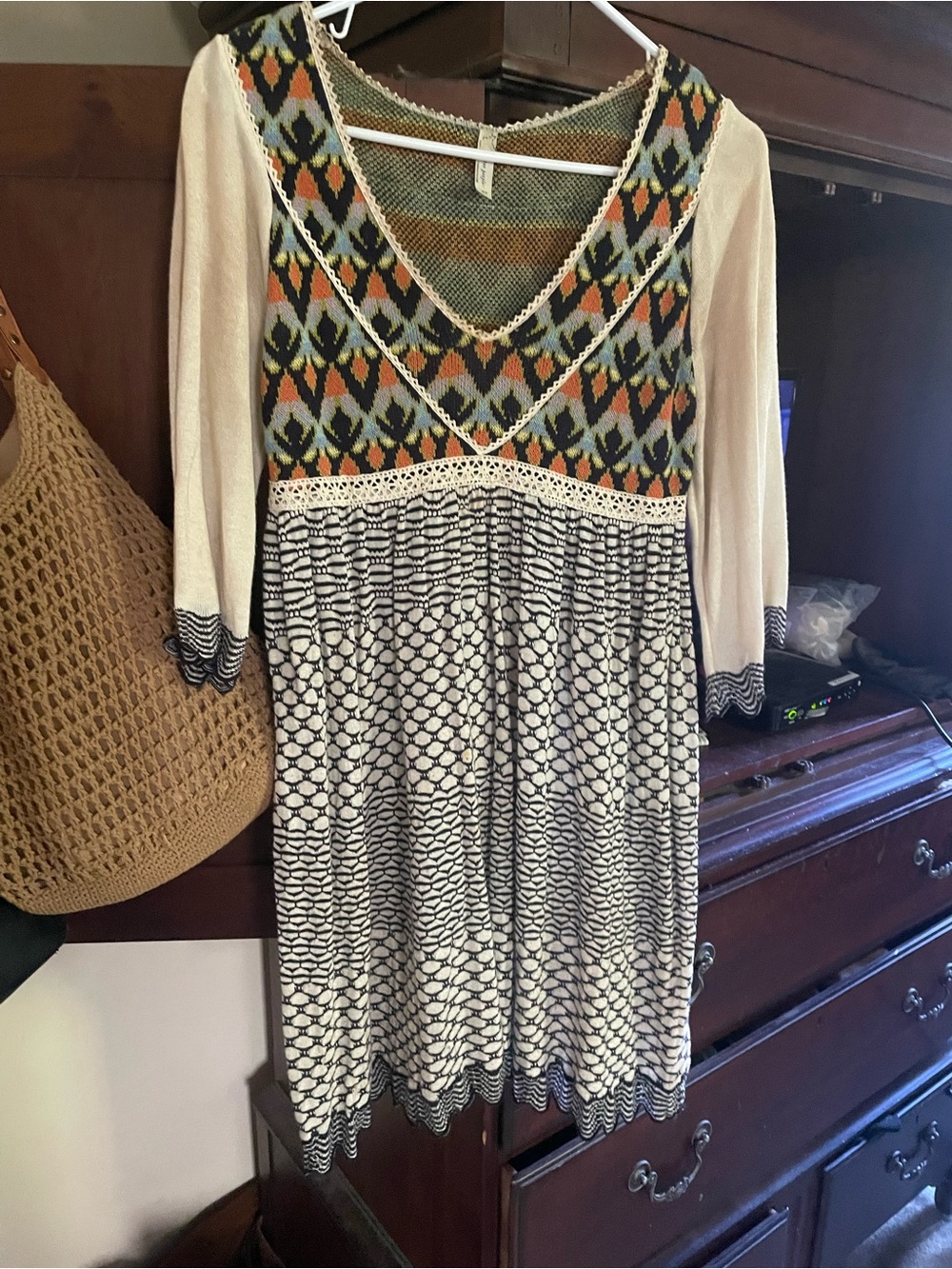 Free People Cream Sleeve Mixed-Print Maxi Dress with Green and Orange Accents
